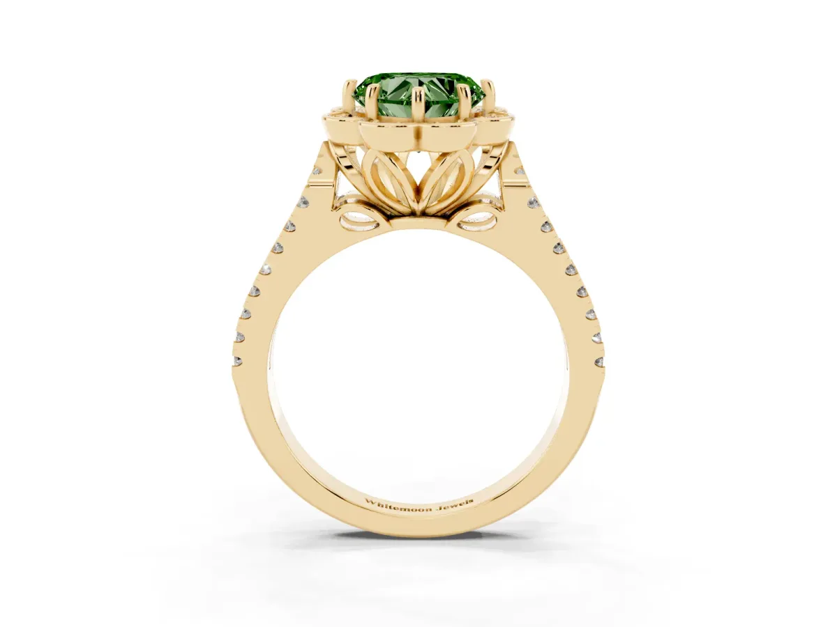 Fancy Green Heart Cut Halo Diamond Floral Split Shank Engagement Ring Yellow gold
