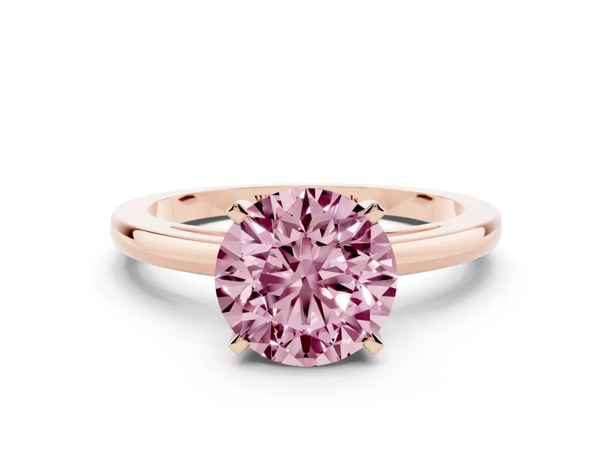 Fancy Pink Round Cut Solitaire Diamond Engagement Ring with Four-Prong Setting on a Classic Band Rose gold