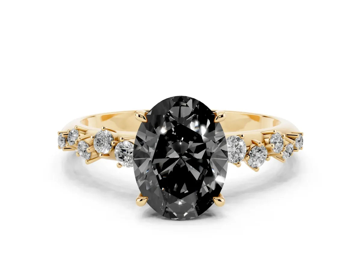 Fancy Black Oval Cut Diamond Cluster Side Stone Solitaire Ring with Prong Setting Yellow gold