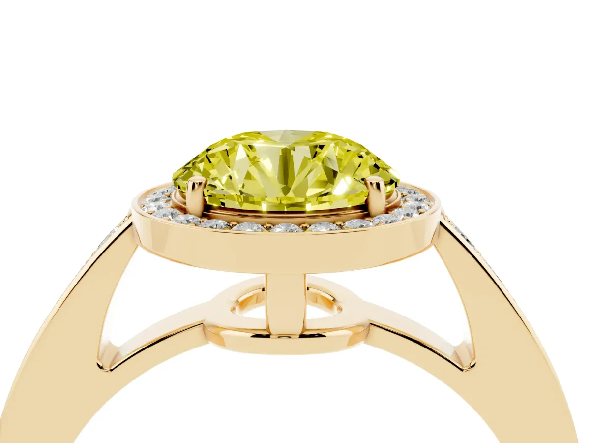 Fancy Yellow Round Cut Halo Pavé Diamond Engagement Ring with Bezel Setting Yellow gold