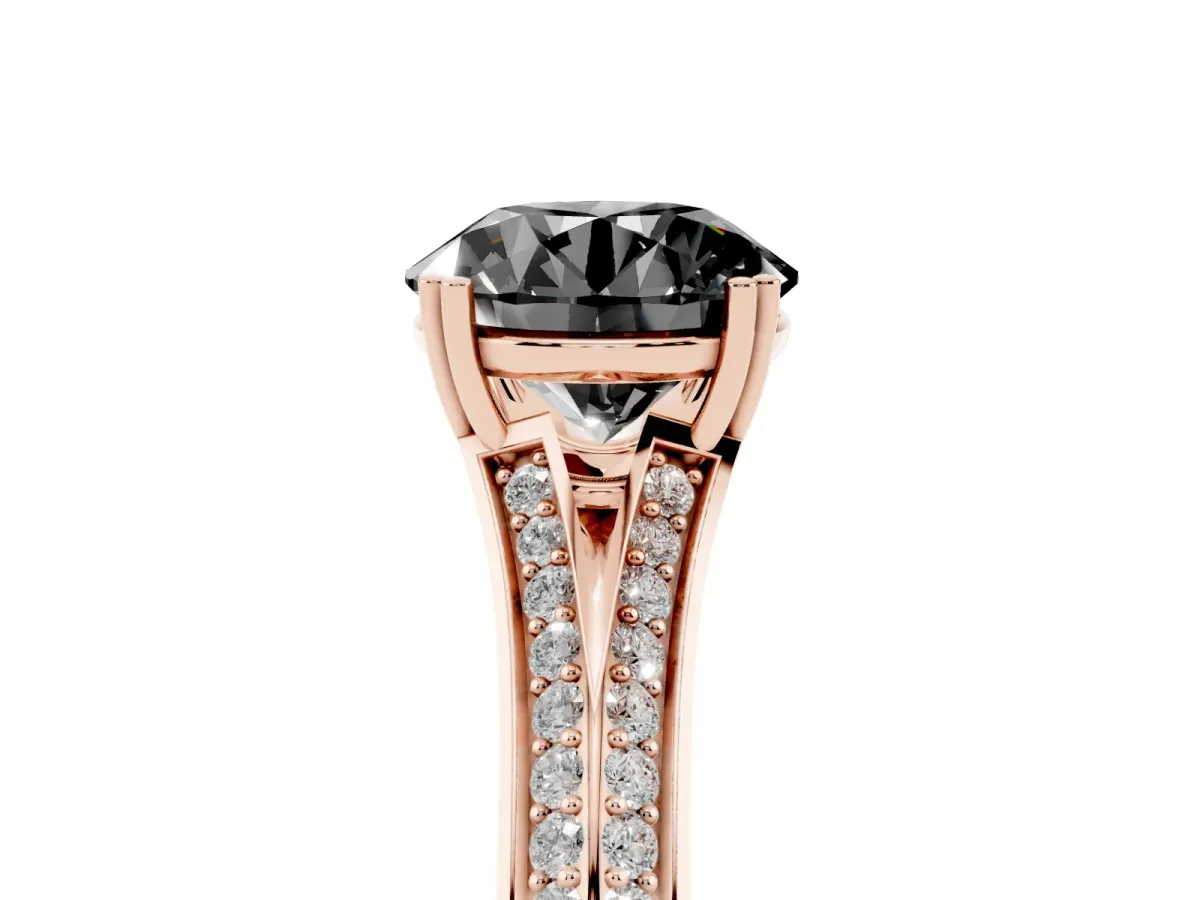 Fancy Black Round Cut Diamond Split Shank Engagement Ring with Pavé Band Rose gold