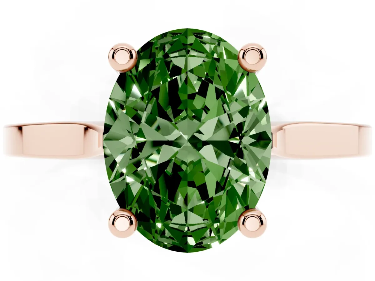 Fancy Green Oval Cut Solitaire Diamond Ring with Four-Prong Setting and Tapered Band Rose gold
