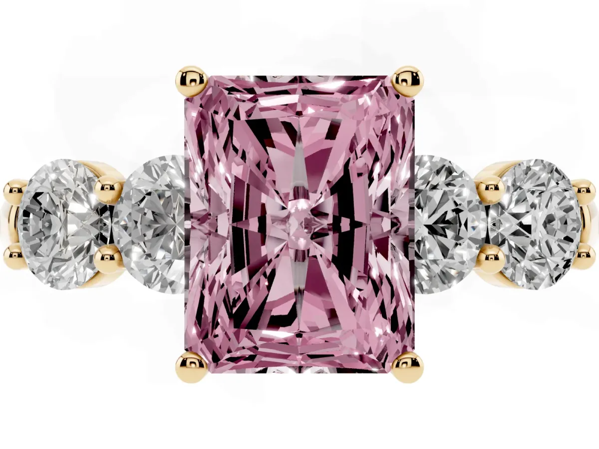 Fancy Pink Radiant Cut Cut Five-Stone Prong Set Diamond Ring with Classic Band Yellow gold
