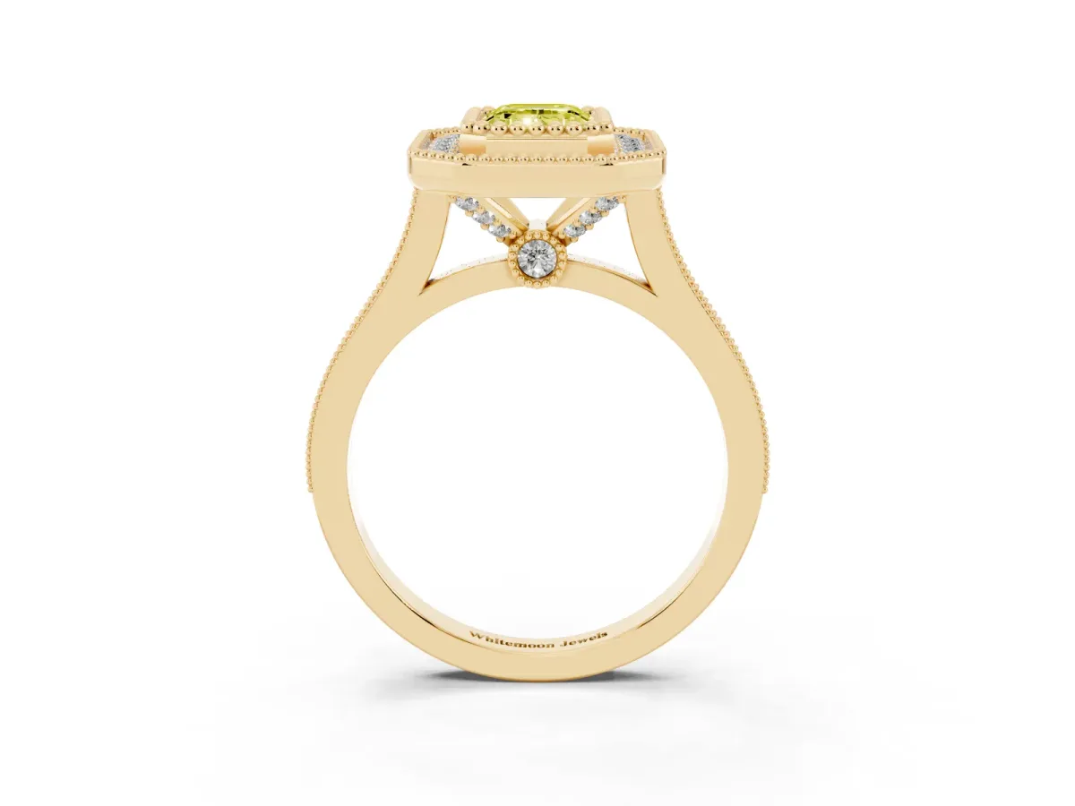 Fancy Yellow Emerald Cut Diamond Halo Ring with Milgrain Frame and Pavé Band Yellow gold