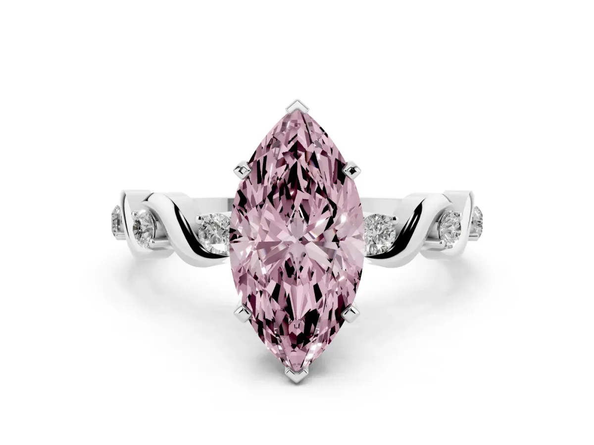 Fancy Pink Marquise Cut Diamond Solitaire Twisted Band with Round Accents and Prong Setting Silver