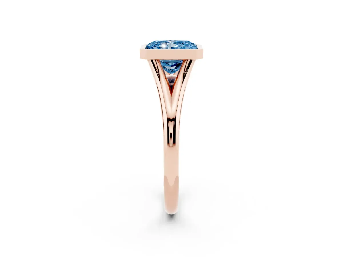 Fancy Blue Bezel Set Radiant Cut Cut Solitaire Ring with Tapered Band Rose gold