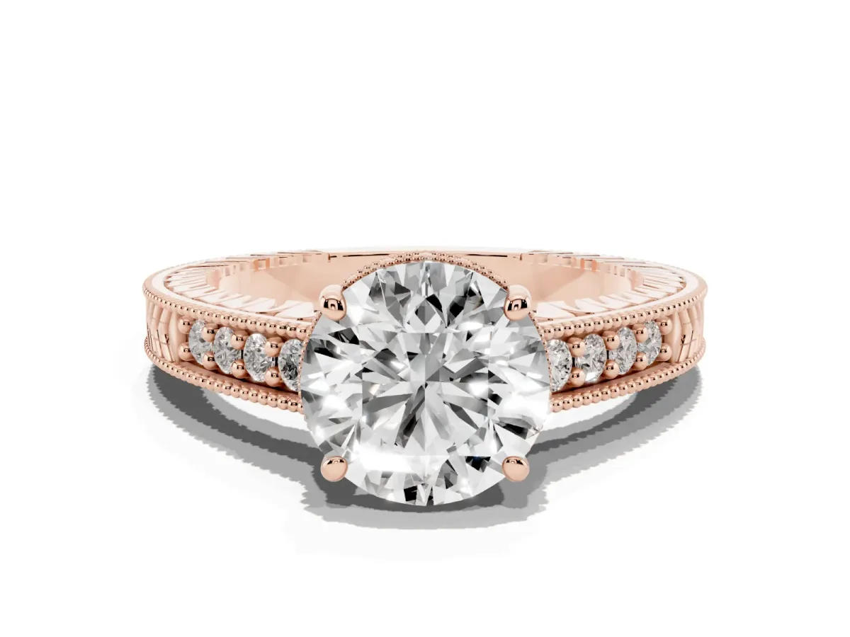 Round Cut Solitaire Pavé Diamond Milgrain Engagement Ring with Four-Prong Setting Rose gold