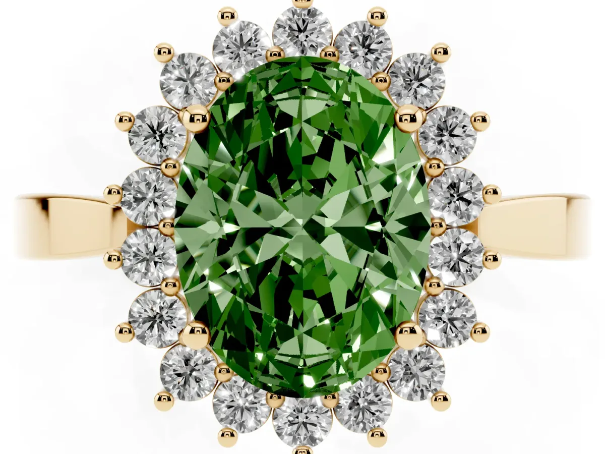 Fancy Green Oval Cut Cut Diamond Halo Ring with Round Brilliant Halo and Solitaire Band Yellow gold