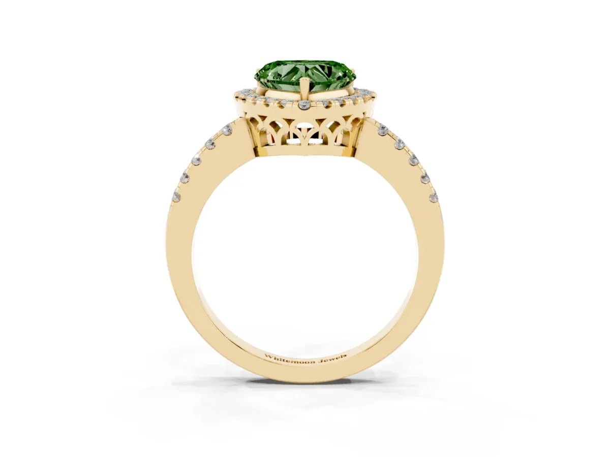 Fancy Green Heart Cut Halo Diamond Engagement Ring with Pavé Band and Four-Prong Setting Yellow gold