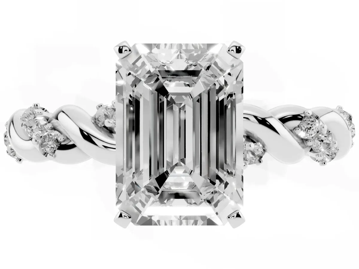 Emerald Cut Diamond Solitaire Ring with Twisted Band and Pavé Accents Silver