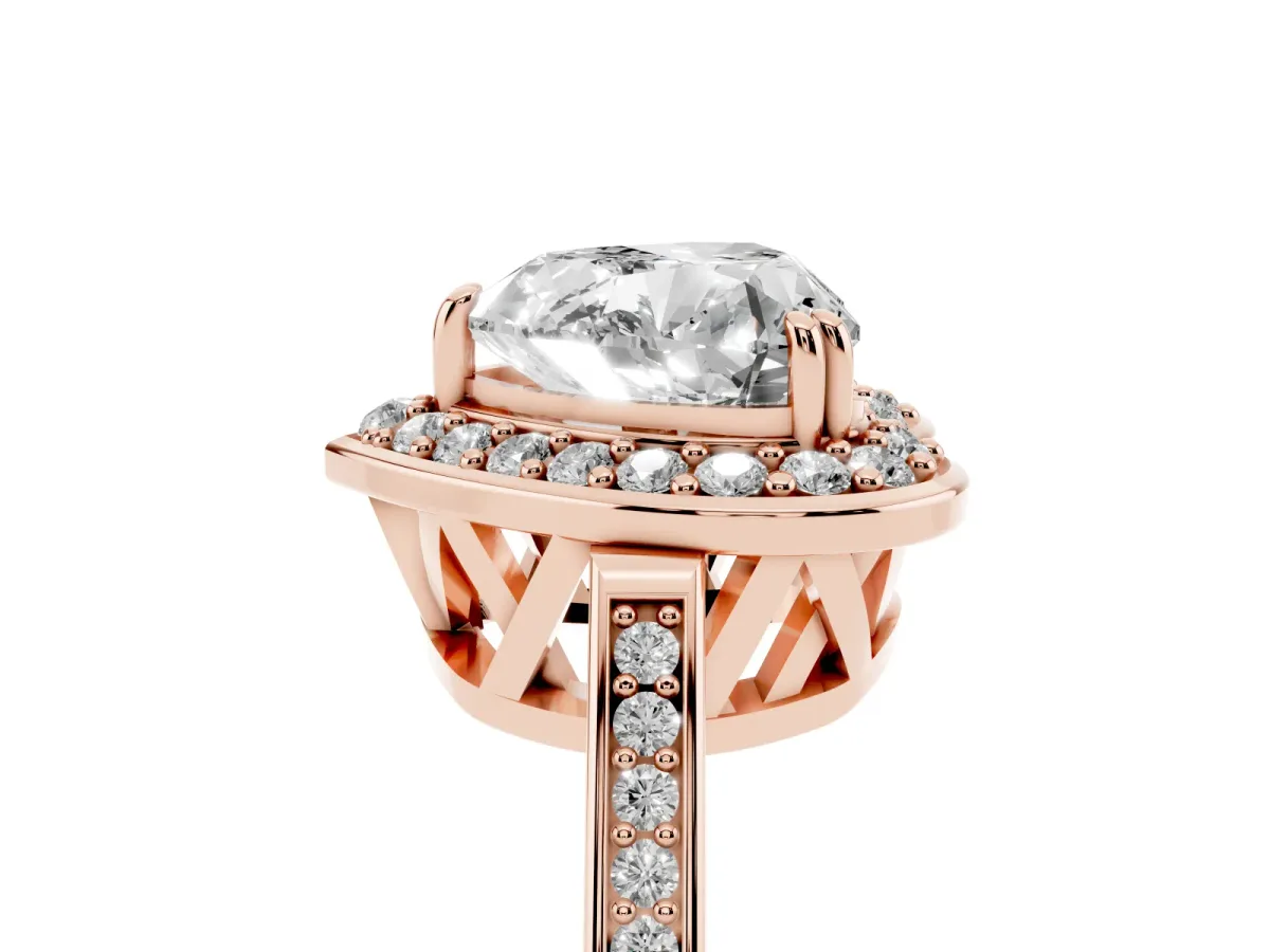 Heart Cut Diamond Halo Ring with Split Shank and Four-Prong Setting Rose gold