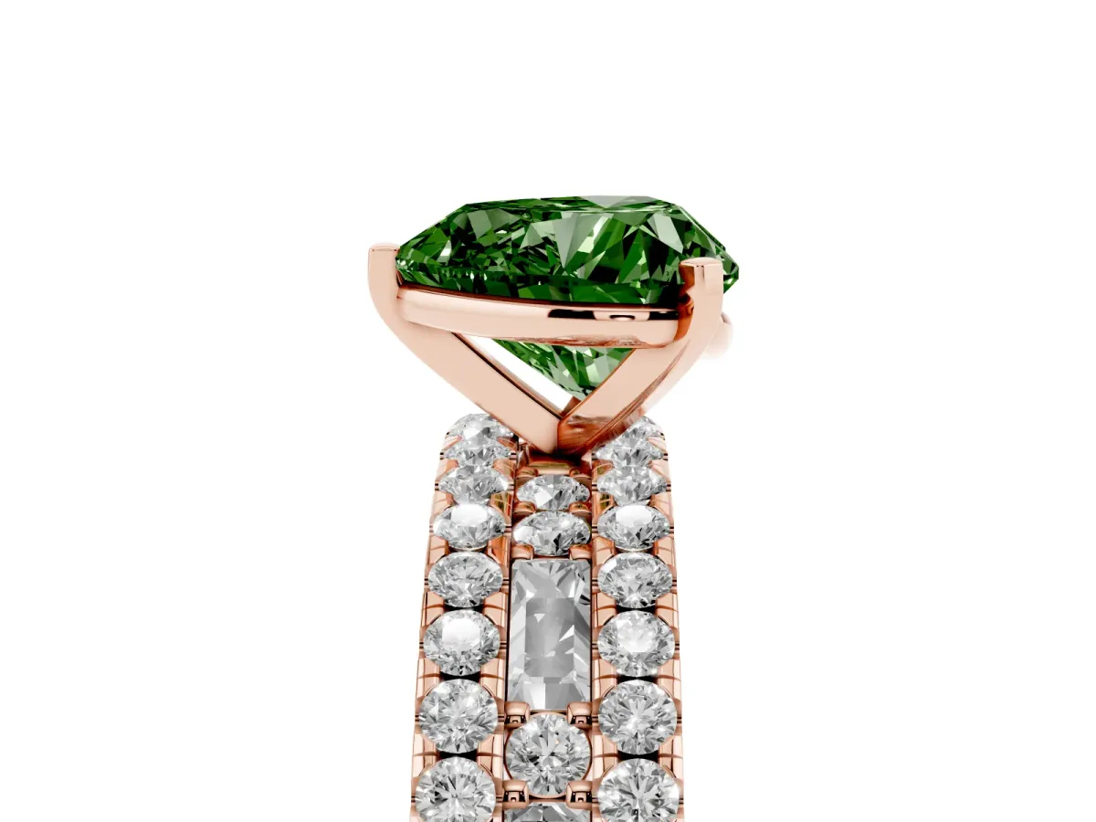 Fancy Green Heart Cut Diamond Solitaire Ring with Pavé and Channel Set Band Rose gold