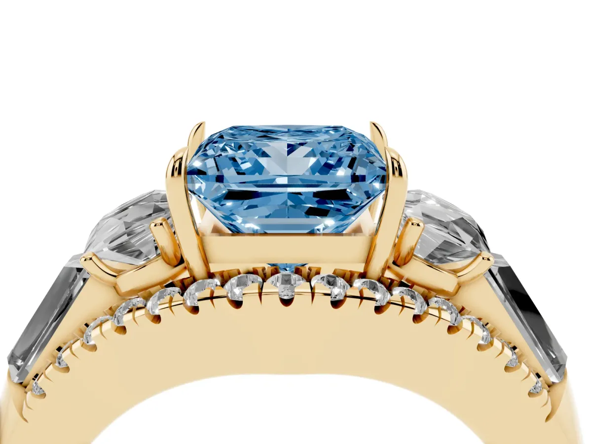 Fancy Blue Three-Stone Princess Cut Diamond Engagement Ring with Pave Band and Prong Setting Yellow gold