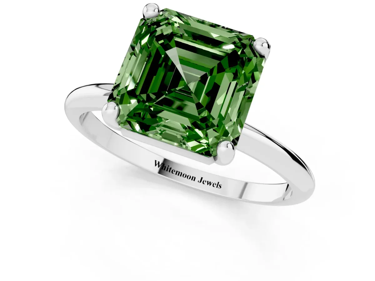 Fancy Green Asscher Cut Solitaire Diamond Ring with 4-Prong Setting on a Classic Band Silver