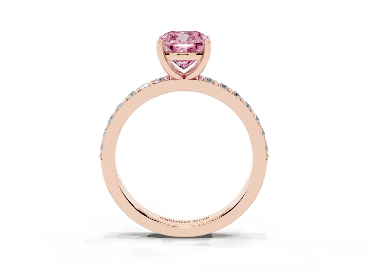 Fancy Pink Cushion Cut Cut Diamond Solitaire with Pave Band and Four-Prong Setting Rose gold