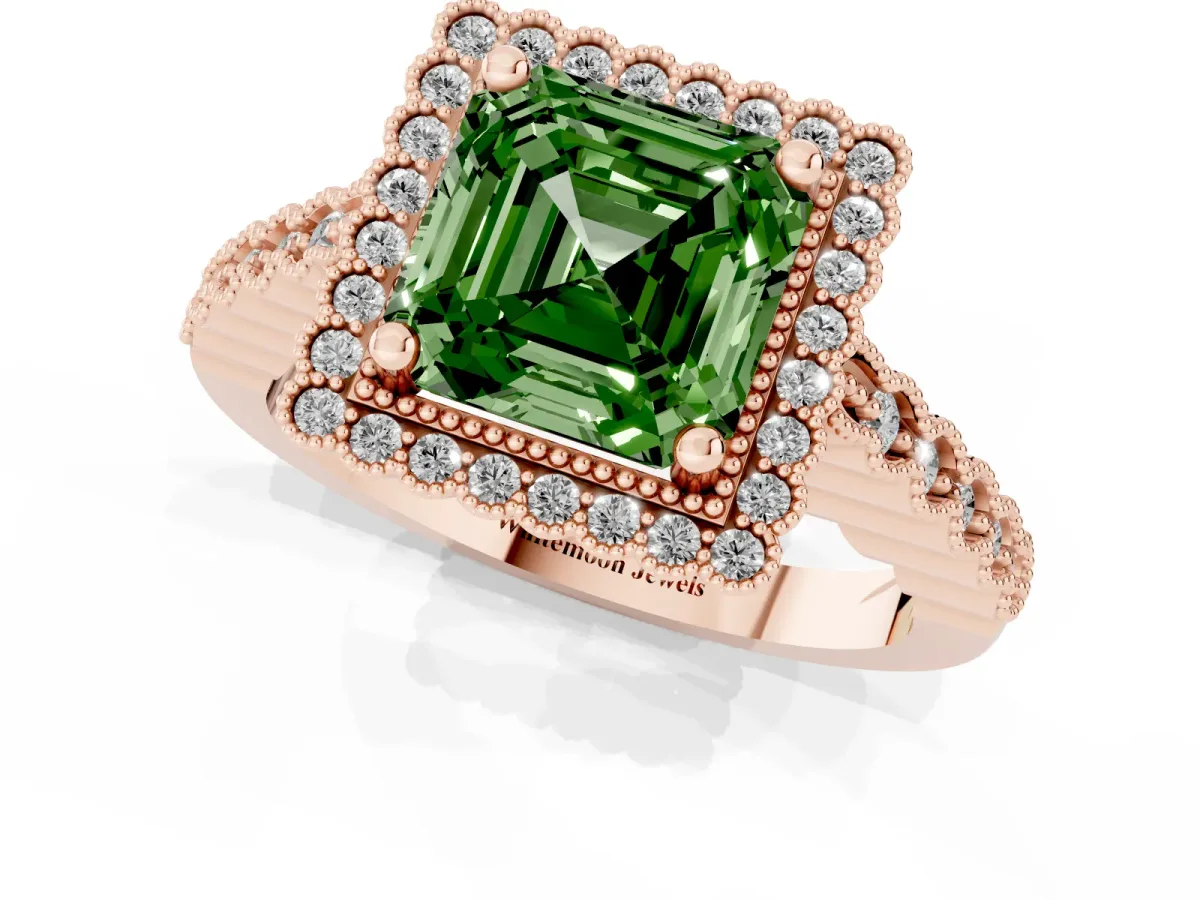 Fancy Green Asscher Cut Cut Halo Pavé Solitaire Ring with Milgrain Band Rose gold
