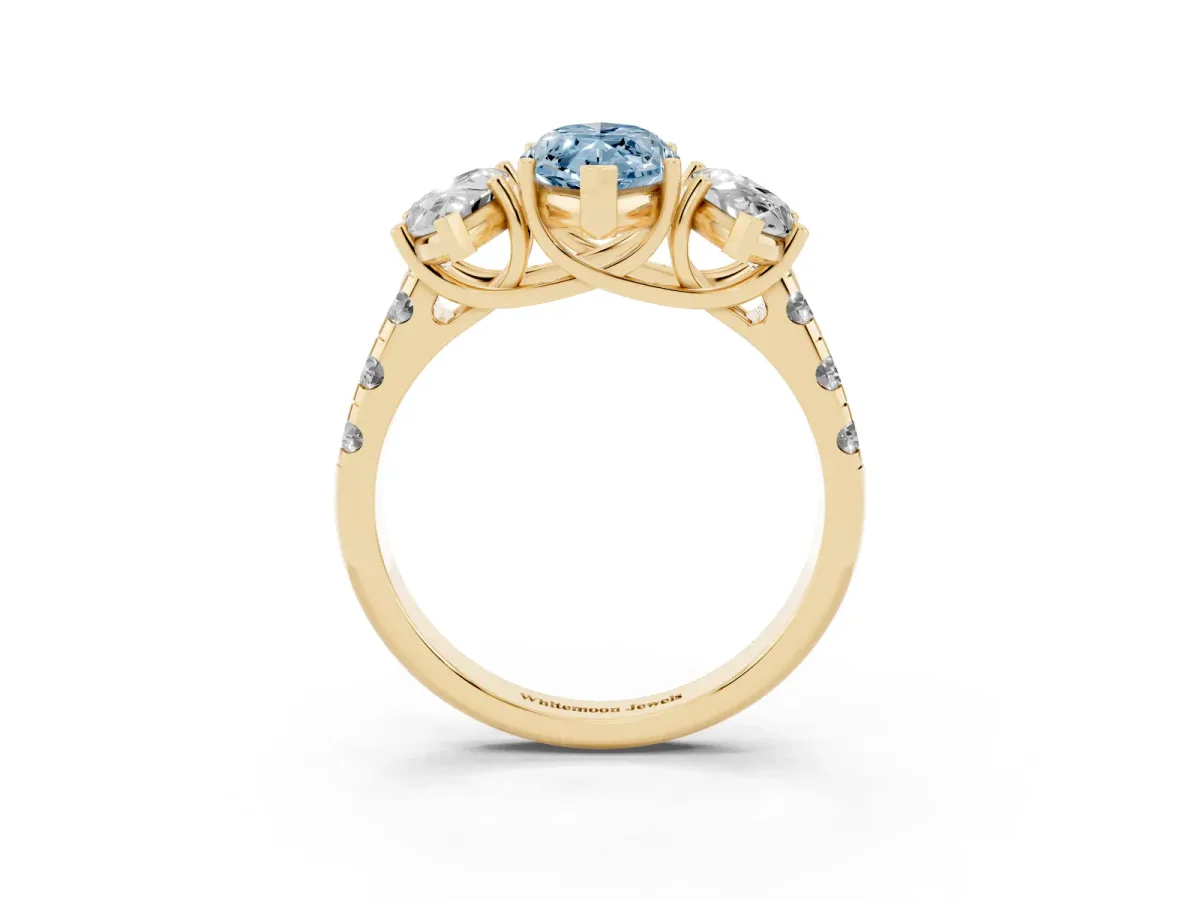 Fancy Blue Three-Stone Marquise Cut Diamond Pavé Band with Prong Setting Yellow gold
