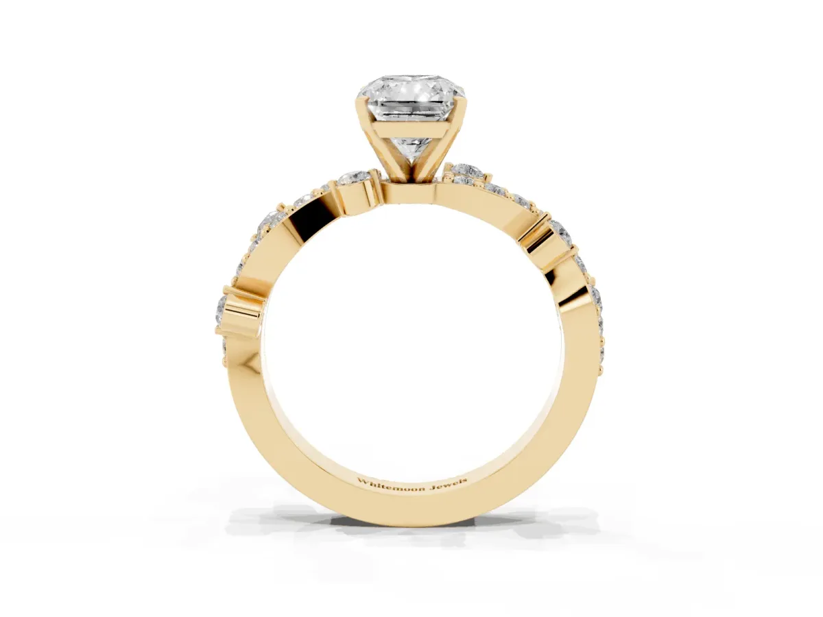 Radiant Cut Cut Solitaire Diamond Twisted Band with Pave Setting Yellow gold