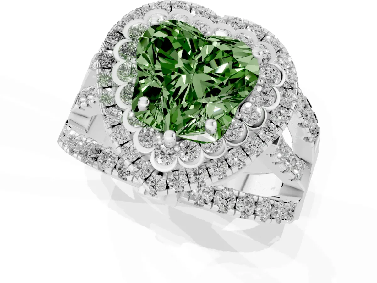Fancy Green Heart Cut Diamond Double Halo Ring with Round Pavé Split Shank and Prong Setting Silver