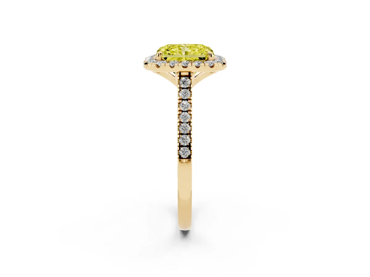 Fancy Yellow Radiant Cut Diamond Cushion Halo Ring with Pavé Band Yellow gold