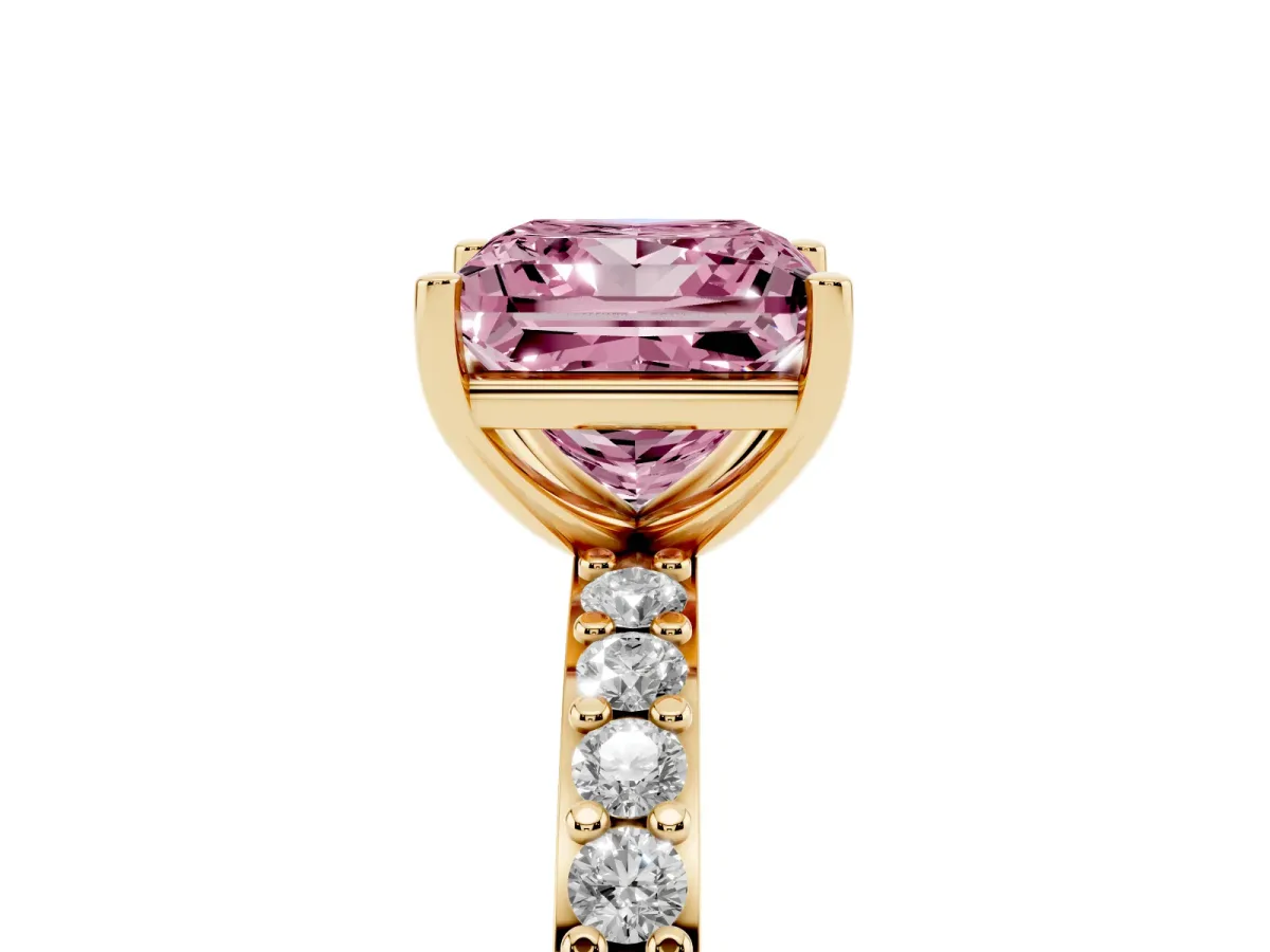 Fancy Pink Princess Cut Cut Diamond Solitaire with Pave Band and Four-Prong Setting Yellow gold