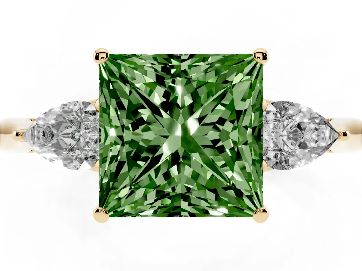 Fancy Green Three-Stone Princess Cut Diamond Ring with Pear Side Stones in Four-Prong Setting Yellow gold