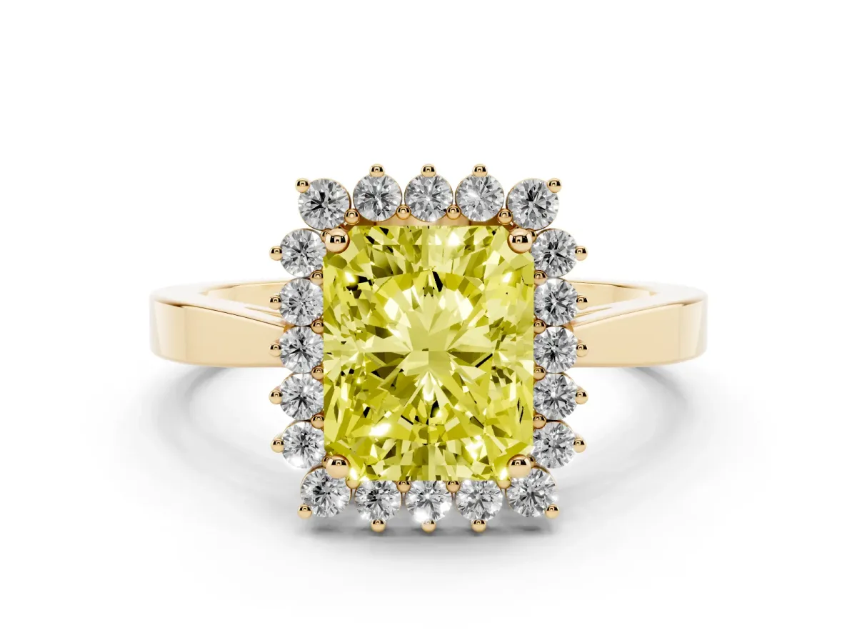Fancy Yellow Radiant Cut Cut Diamond Halo Ring with Round Brilliant Halo and Solitaire Band Yellow gold