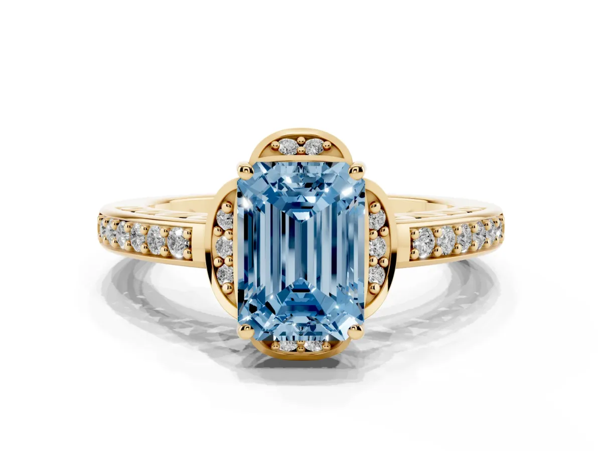 Fancy Blue Emerald Cut Cut Halo Diamond Ring with Channel Set Band and Four-Prong Setting Yellow gold