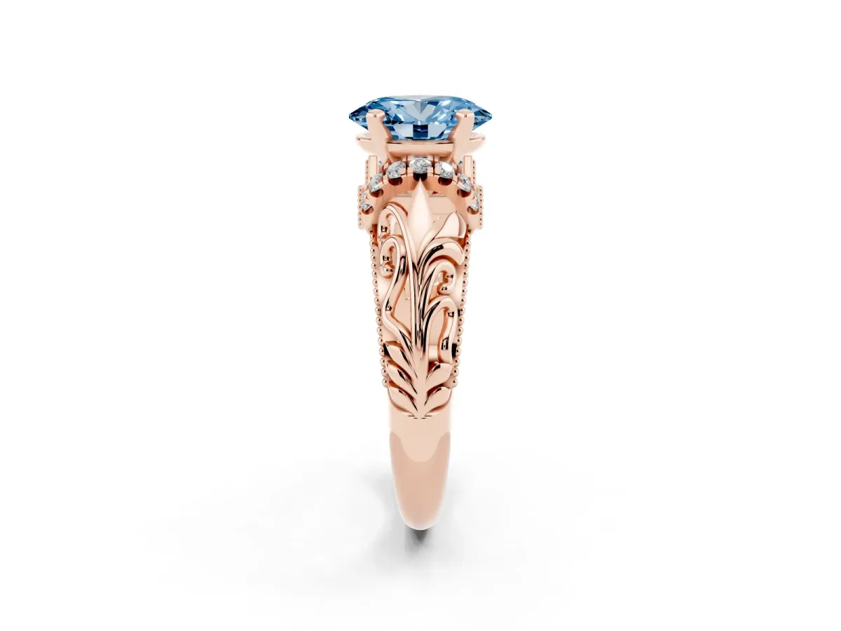 Fancy Blue Oval Cut Solitaire Filigree Engagement Ring with Halo and Prong Setting Rose gold