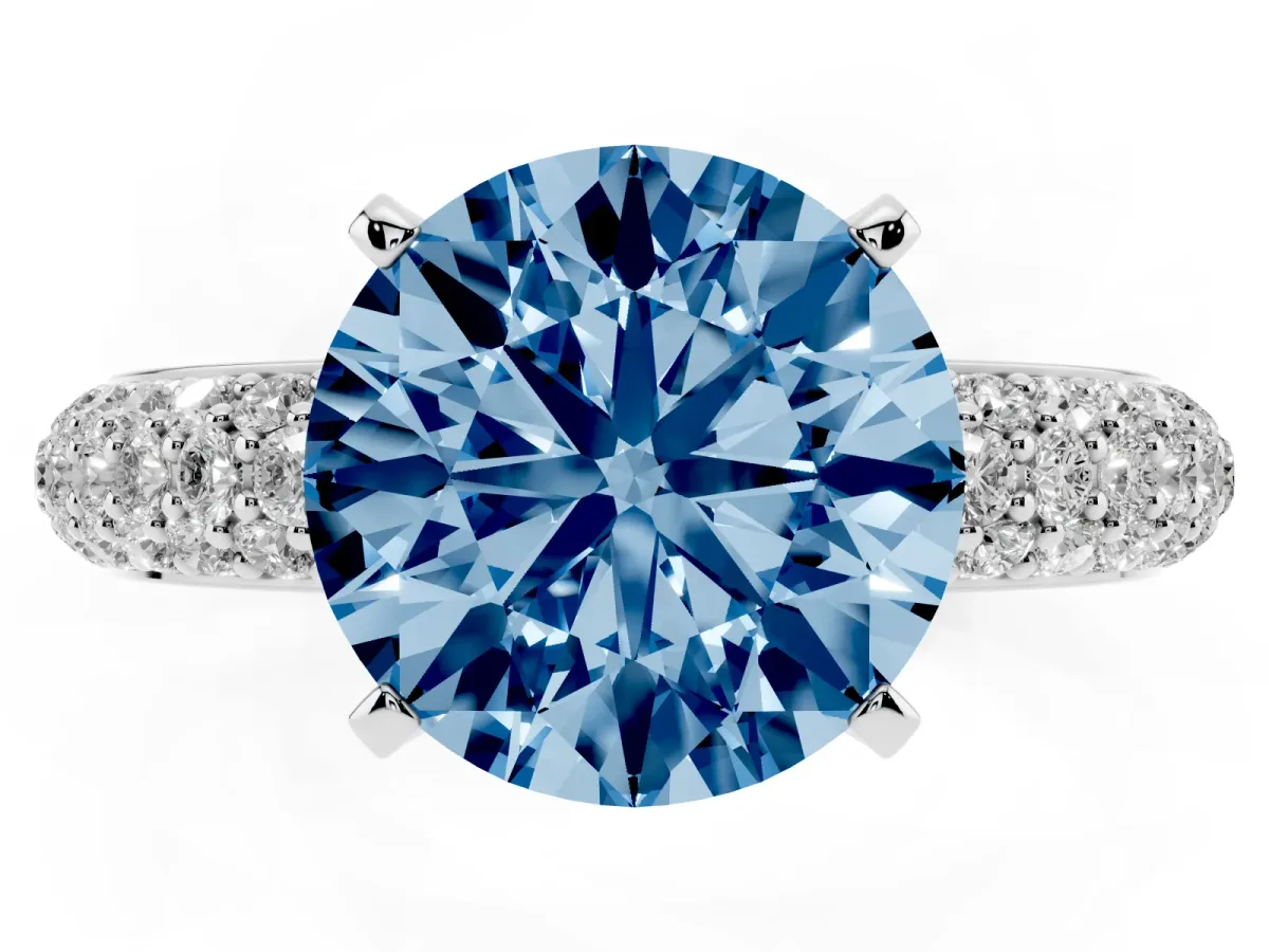 Fancy Blue Round Cut Diamond Solitaire Ring with Prong Setting and Pavé Band Platinum