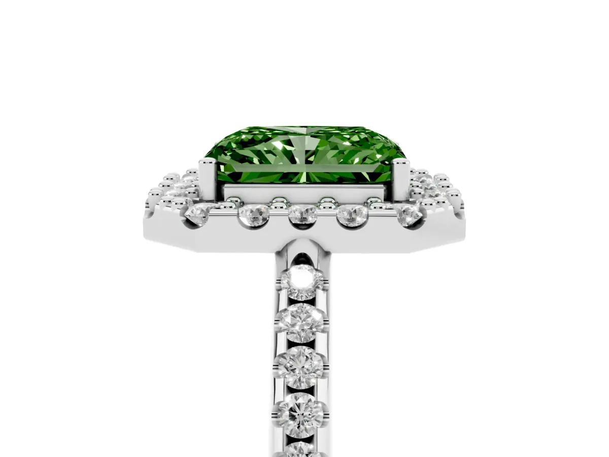 Fancy Green Radiant Cut Diamond Pavé Halo Ring with Four-Prong Setting Silver
