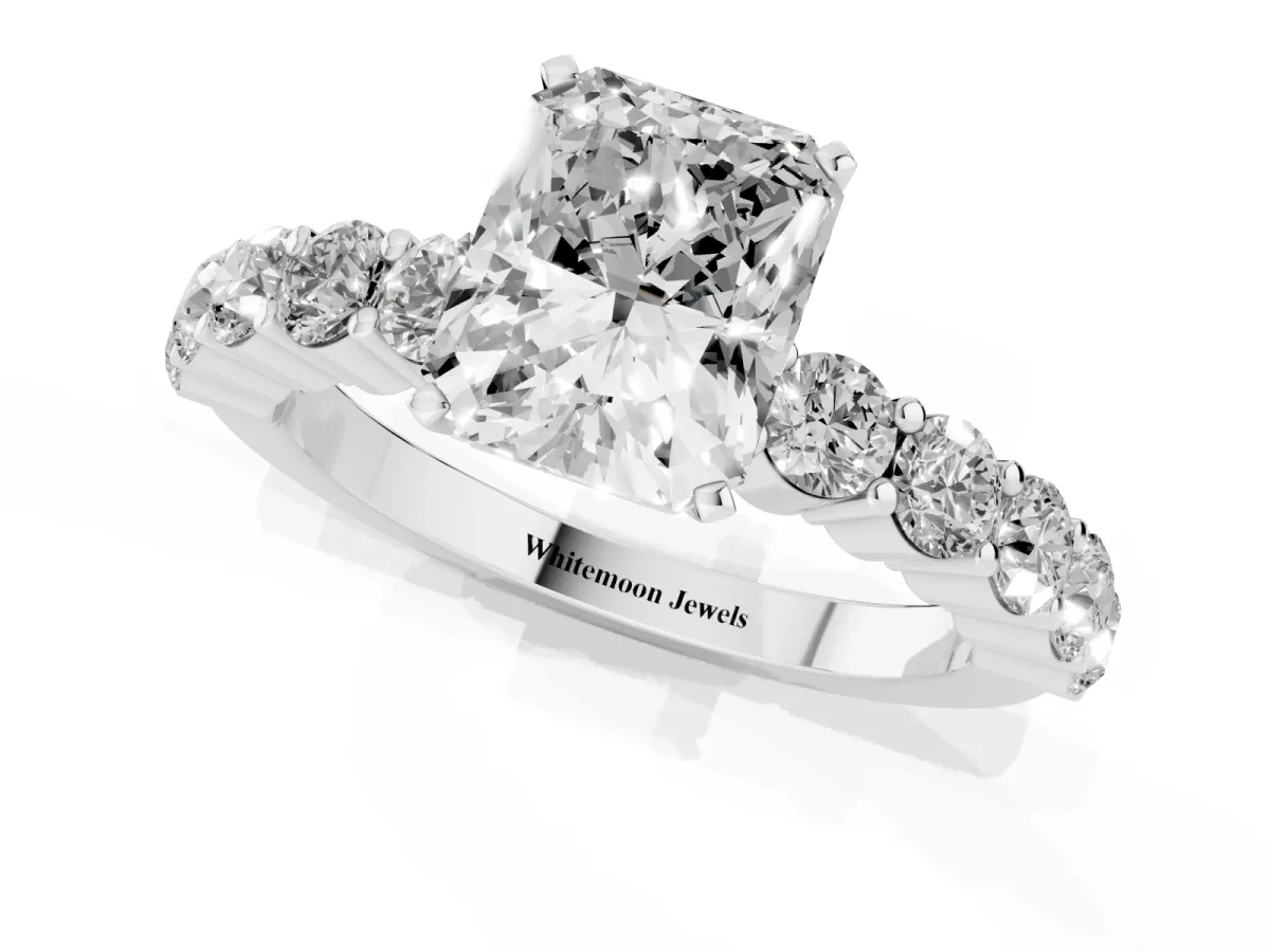Radiant Cut Diamond Solitaire Ring with Shared Prong Round Side Stones Silver