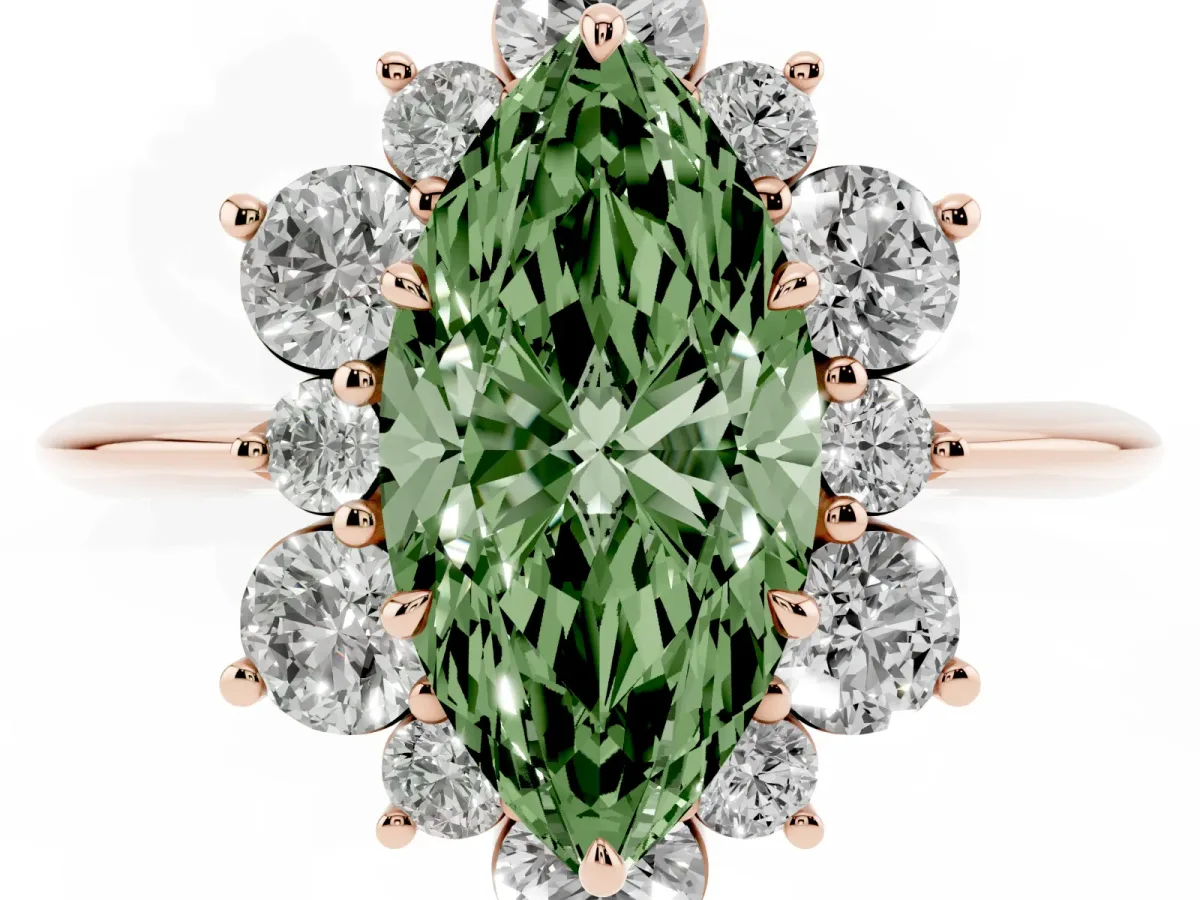 Fancy Green Marquise Cut Diamond Cluster Halo Ring with Solitaire Band and Four-Prong Setting Rose gold