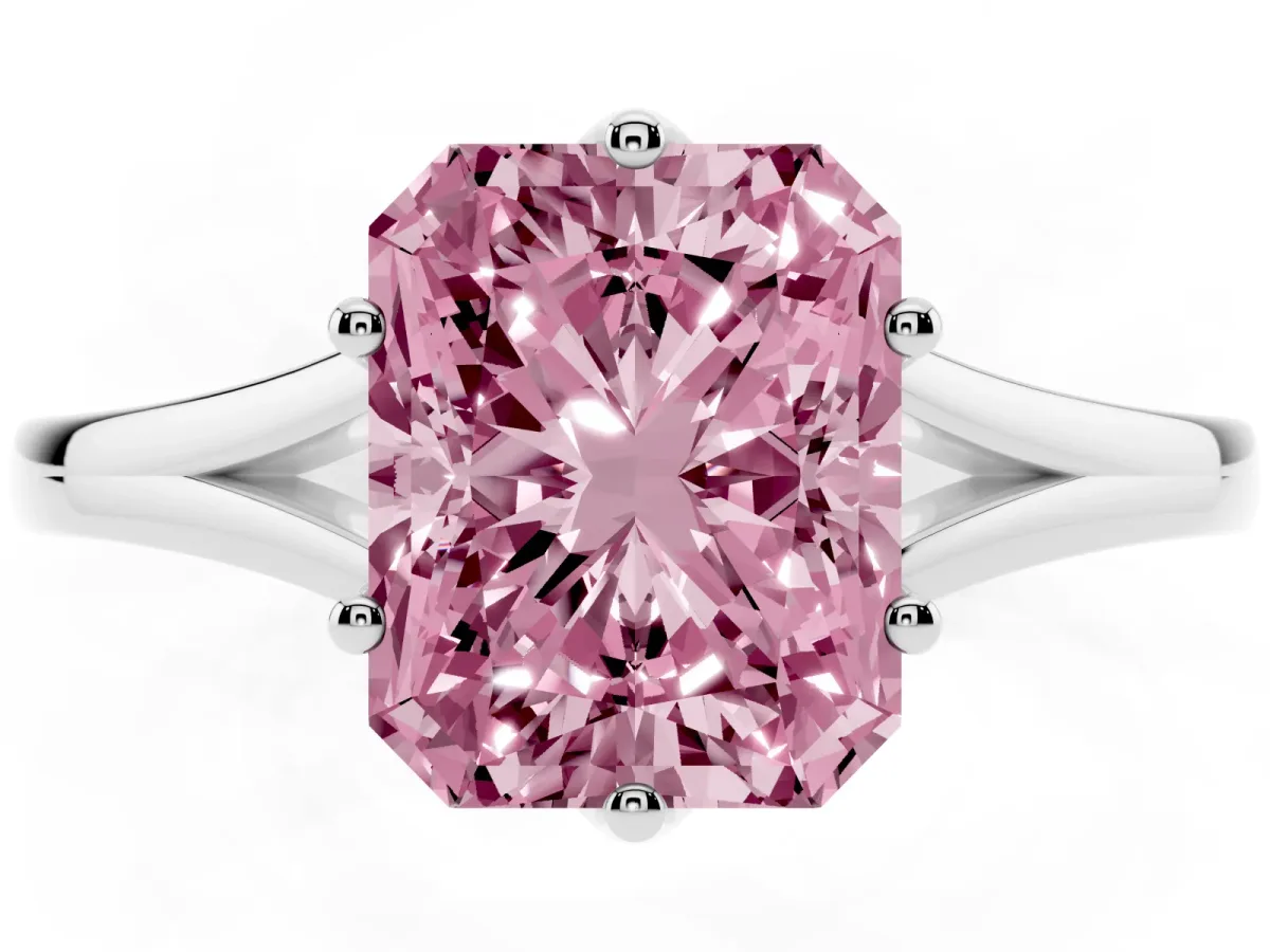 Fancy Pink Radiant Cut Solitaire Diamond Ring with Six-Prong Setting and Tapered Band Platinum