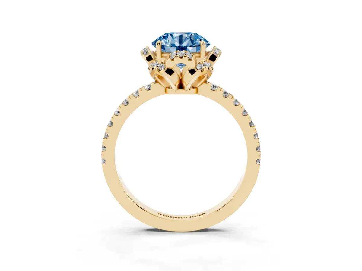 Fancy Blue Round Cut Halo Diamond Pave Band Ring with Four-Prong Setting Yellow gold