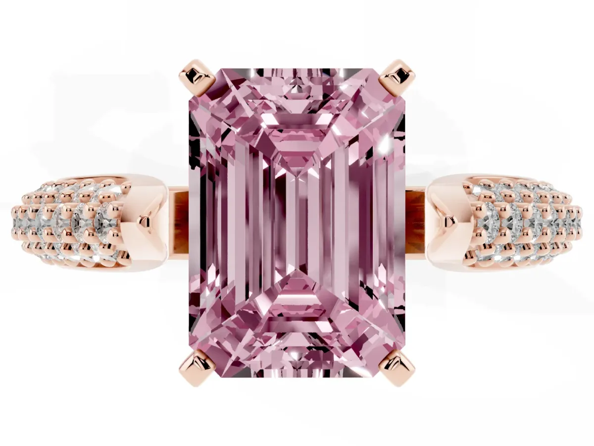 Fancy Pink Emerald Cut Diamond Solitaire Engagement Ring with Multi-Row Round Pavé Band and Prong Setting Rose gold