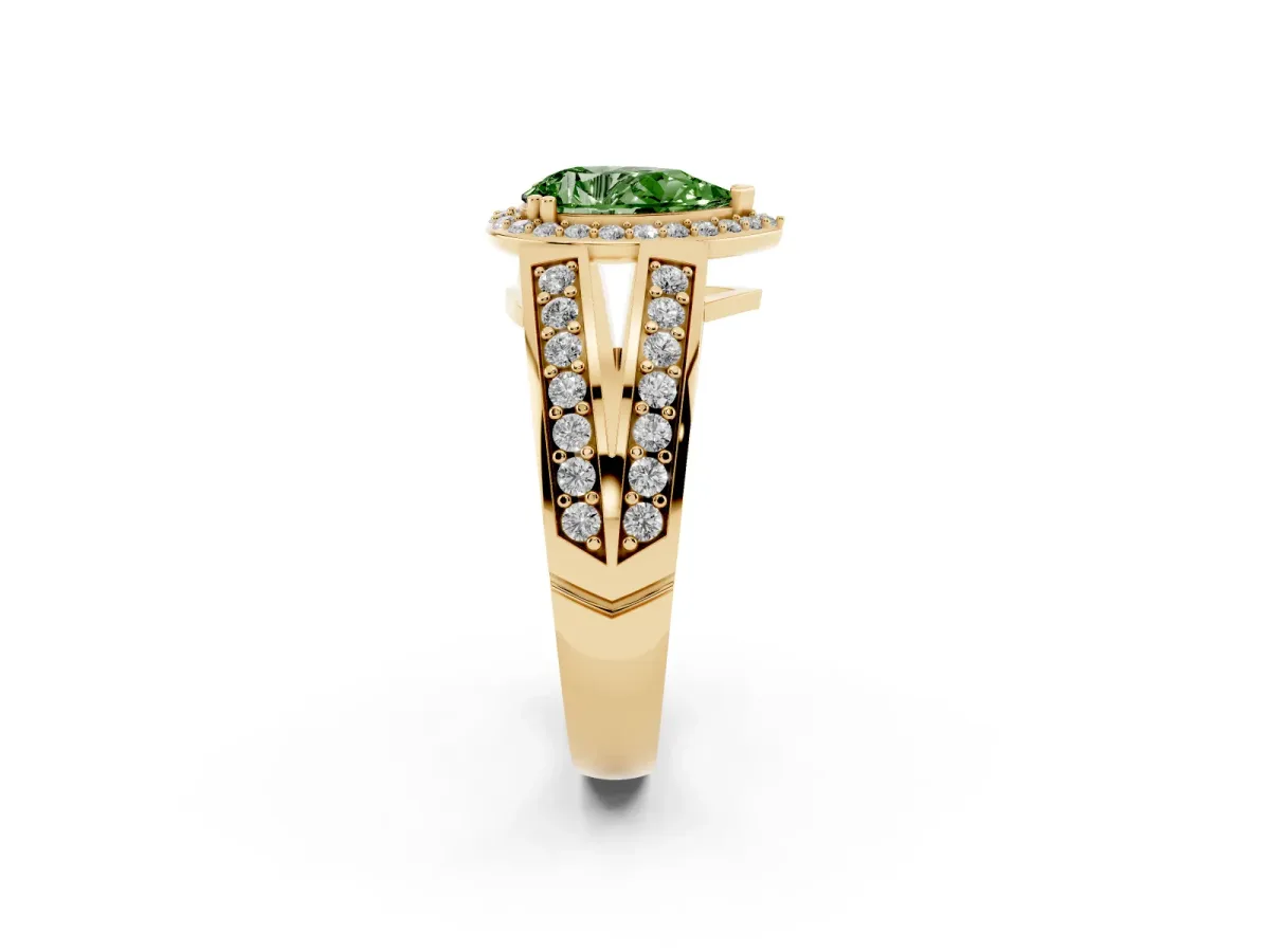 Fancy Green Pear Cut Diamond Halo Ring with Split Shank Pavé Band and Four-Prong Setting Yellow gold