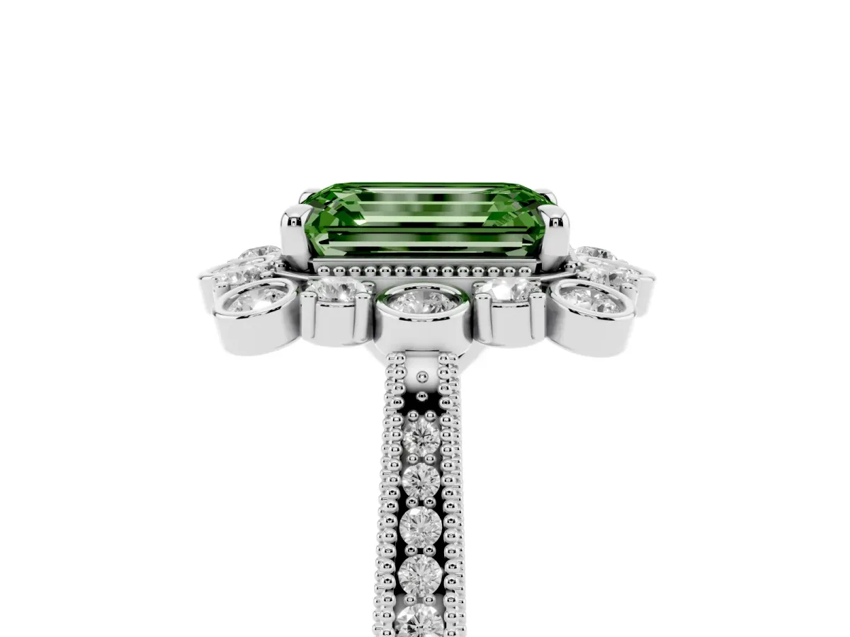 Fancy Green Emerald Cut Halo Milgrain Pave Diamond Ring with Four-Prong Setting Silver