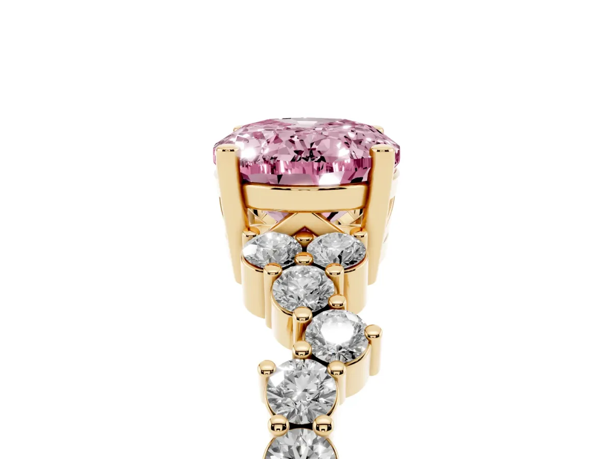 Fancy Pink Oval Cut Diamond Scattered Round Accent Ring with Prong Setting Yellow gold