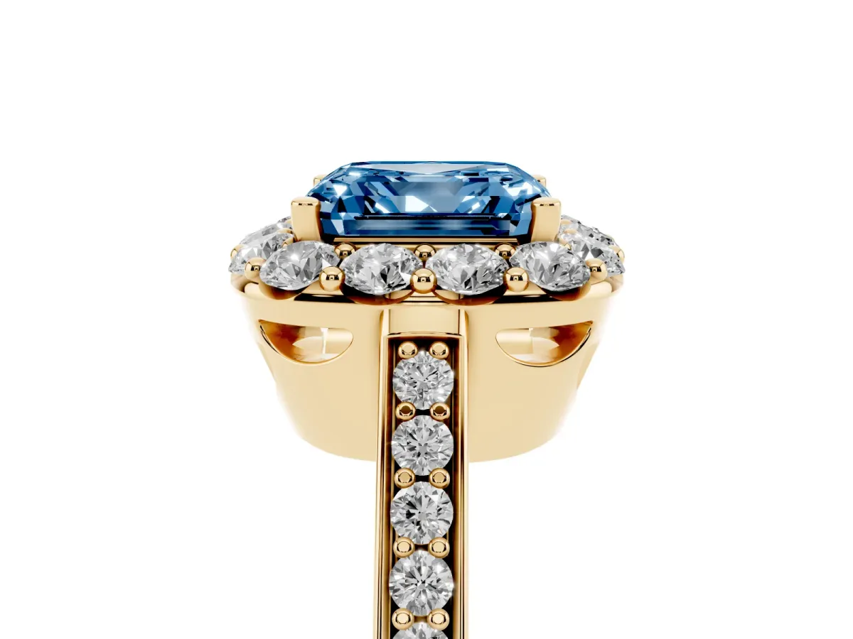 Fancy Blue Asscher Cut Diamond Floral Halo Ring with Pavé Band and Prong Setting Yellow gold