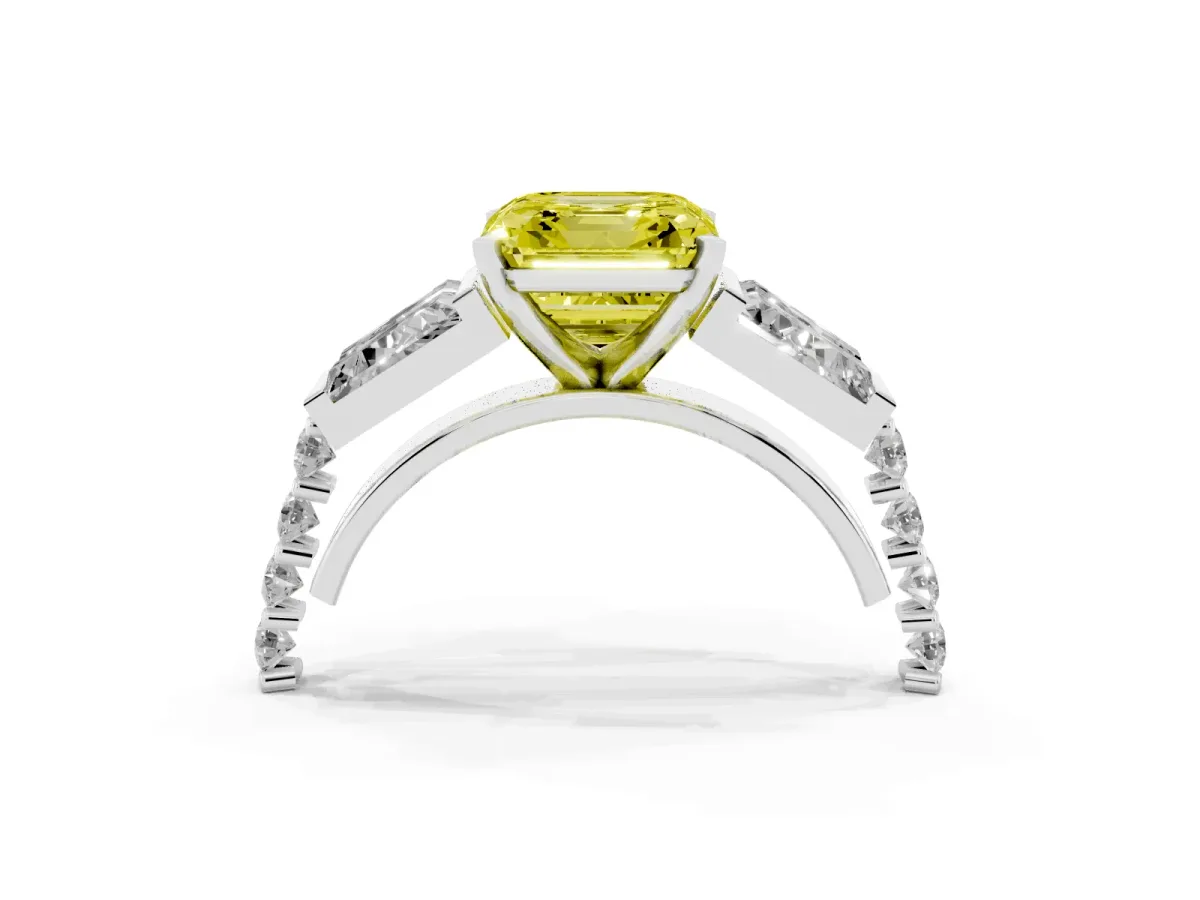 Fancy Yellow Asscher Cut Diamond Engagement Ring with Baguette Side Stones and Channel Set Band Platinum