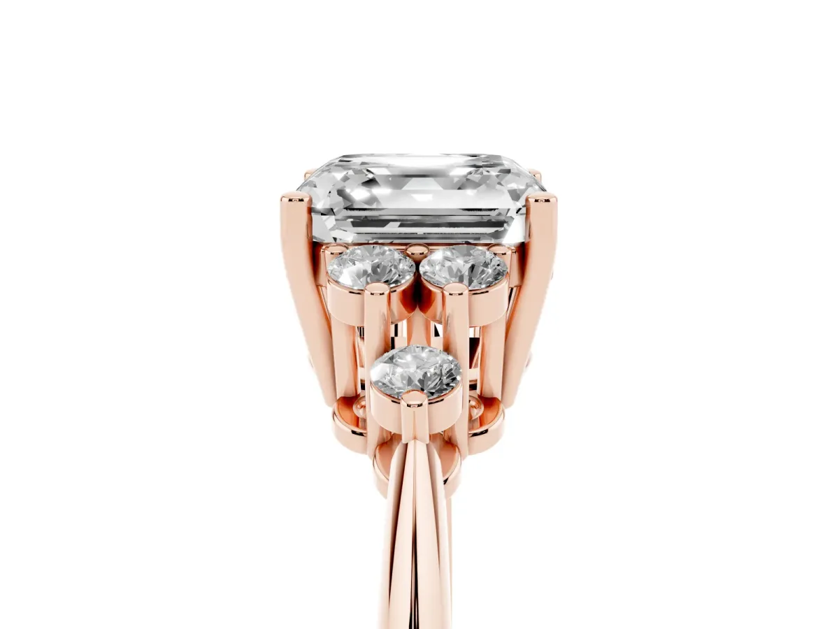 Asscher Cut Cut Diamond Cluster Ring with Solitaire Band and Four-Prong Setting Rose gold