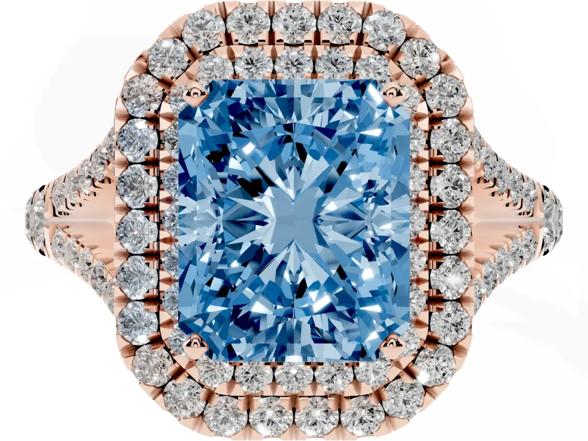 Fancy Blue Radiant Cut Diamond Pavé Split Shank Double Halo Engagement Ring Rose gold