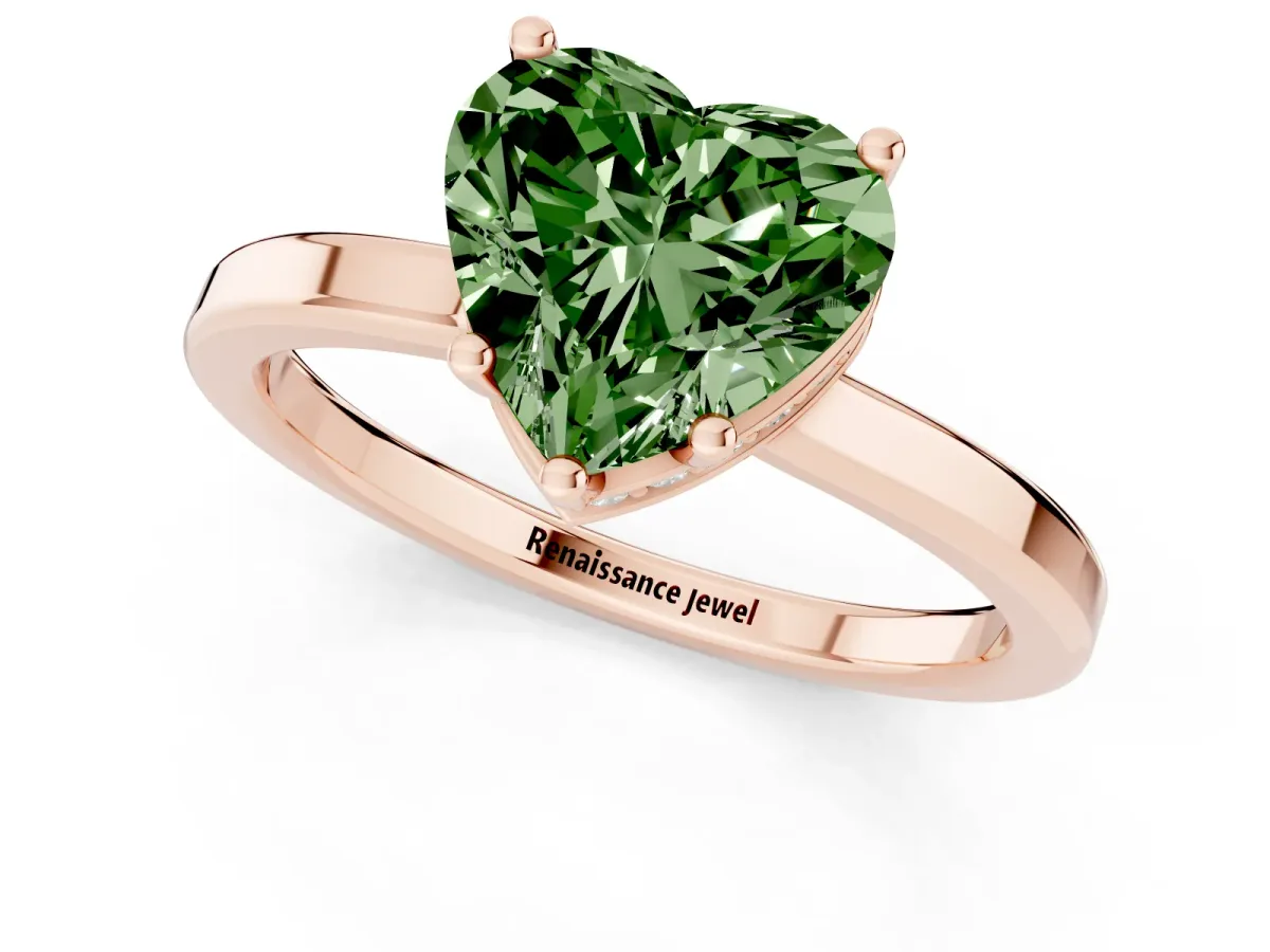 Fancy Green Heart Cut Cut Solitaire Engagement Ring with Four-Prong Setting on a Classic Band Rose gold