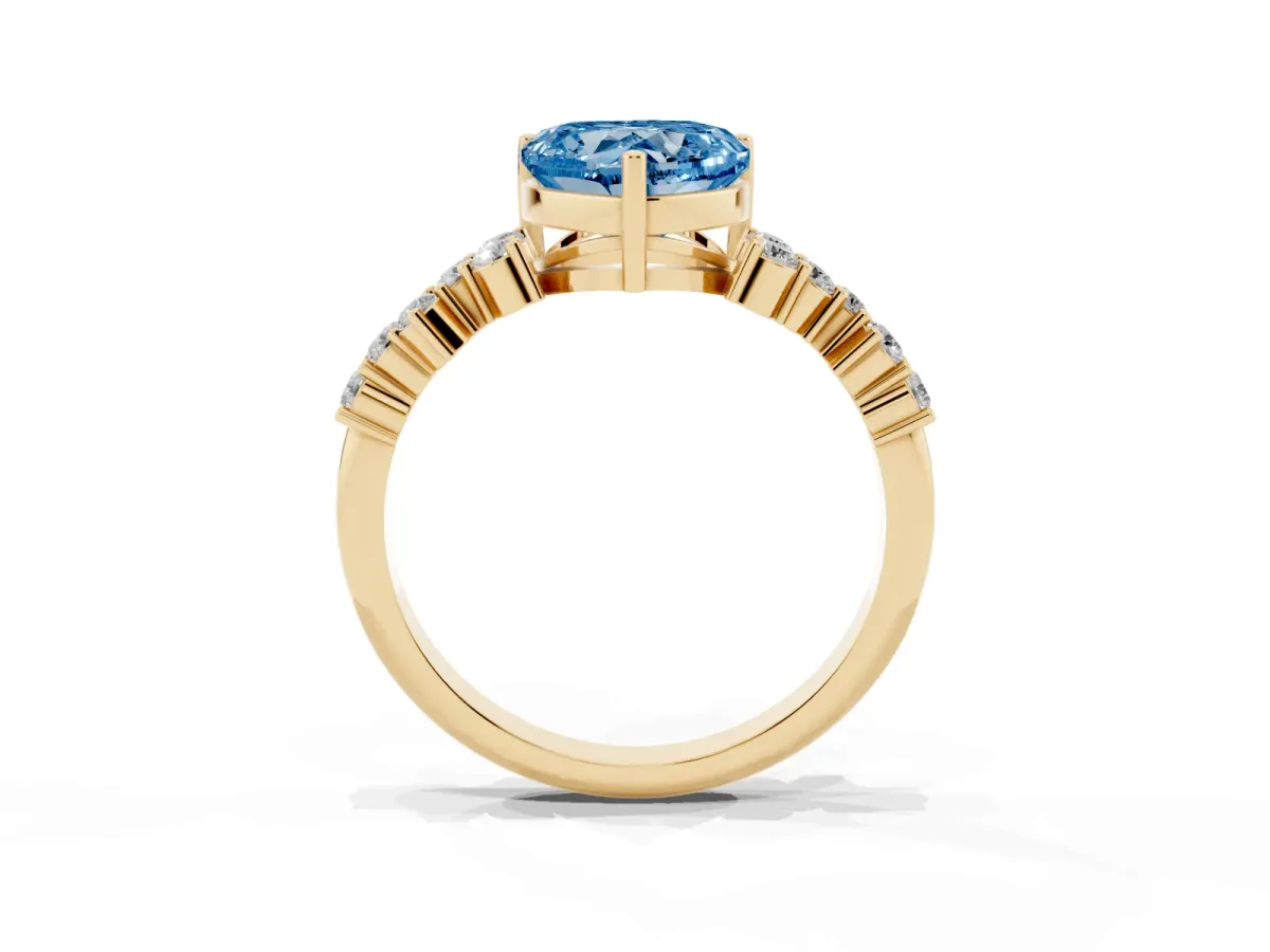 Fancy Blue Heart Cut Diamond Scattered Round Accent Ring with Prong Setting Yellow gold
