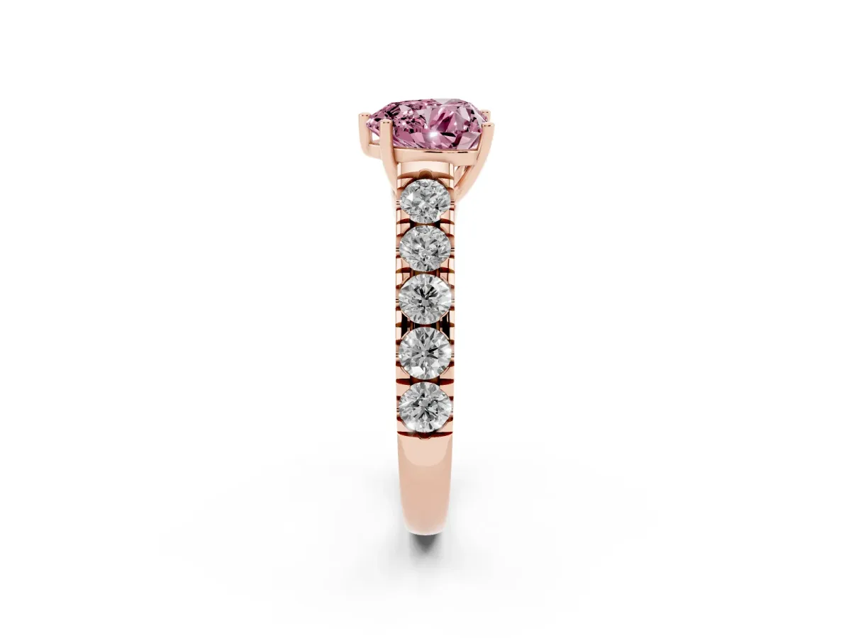 Fancy Pink Heart Cut Cut Diamond Solitaire Ring with Micro Pave Band and Prong Setting Rose gold