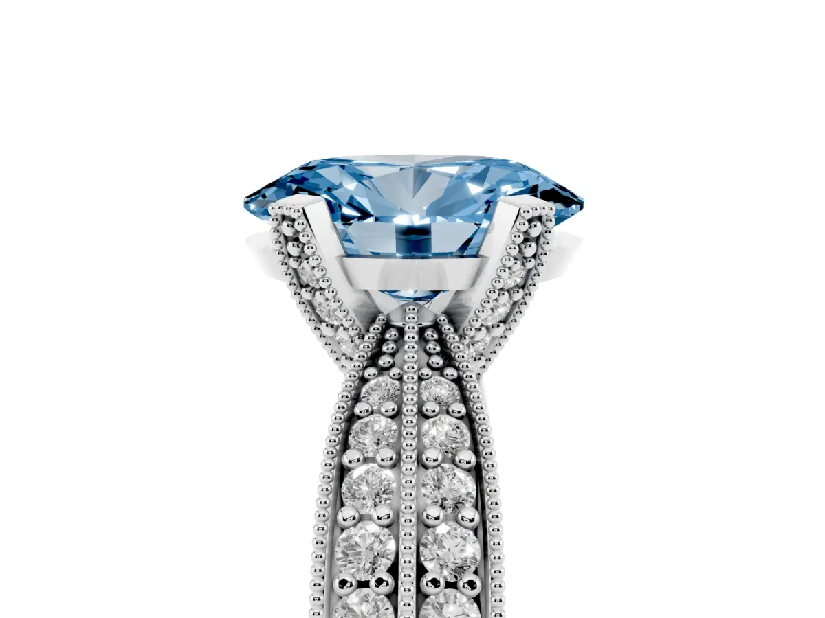 Fancy Blue Oval Cut Diamond Solitaire Ring with Milgrain Round Pavé Band and Prong Setting Silver