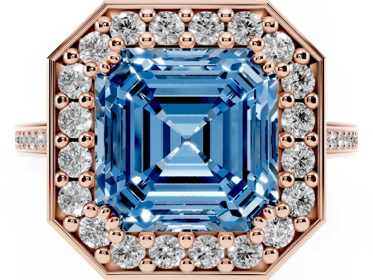 Fancy Blue Asscher Cut Diamond Halo Ring with Split Shank and Four-Prong Setting Rose gold