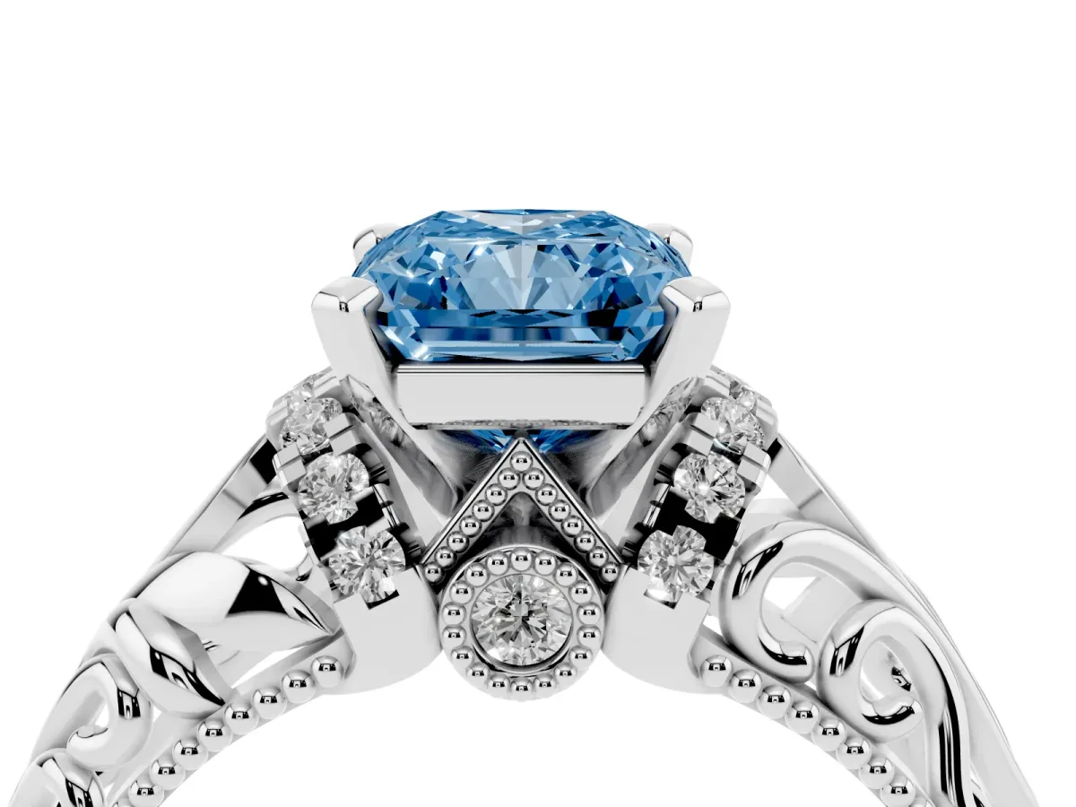 Fancy Blue Radiant Cut Solitaire Filigree Engagement Ring with Halo and Prong Setting White gold