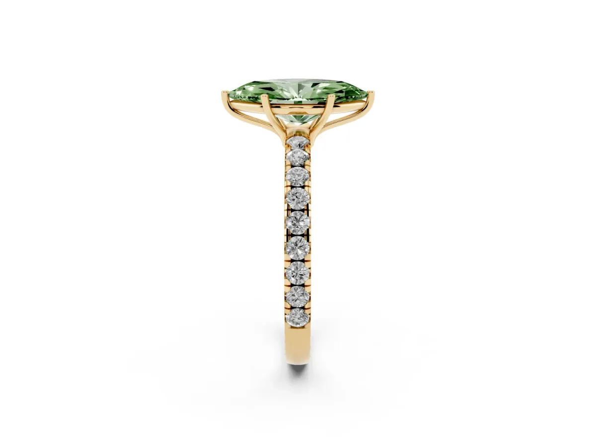 Fancy Green Marquise Cut Diamond Pavé Solitaire Engagement Ring with Four-Prong Setting Yellow gold